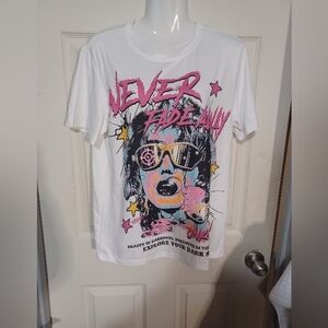ROMWE  Graphic Tee - White with Pink and Yellow Size XS